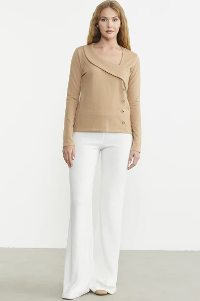 Yaka Detaylı Triko Kazak - Kamel - Resim 2