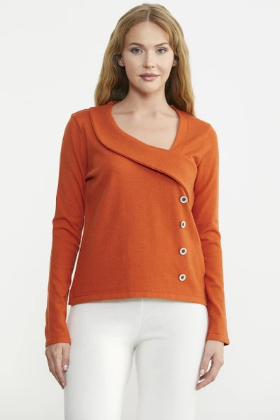 Yaka Detaylı Triko Kazak - Oranj - Resim 2