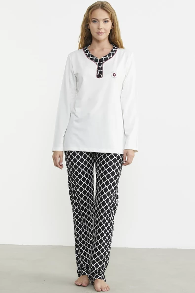 Kareli Çift Renk Pijama Takım - Ekru ürün görseli