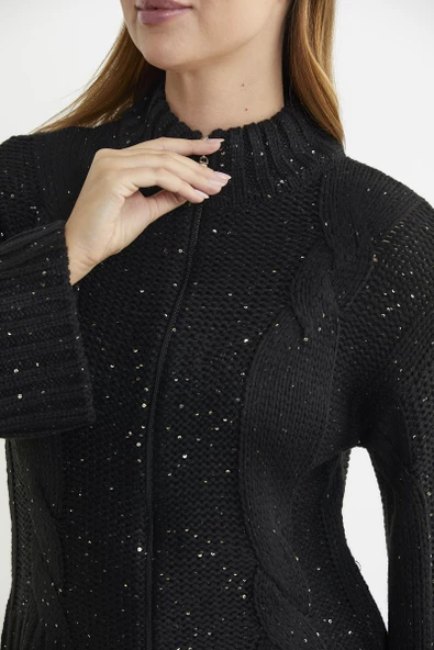 Dik Yaka Salaş Kol Yünlü Triko Hırka - Siyah - 5