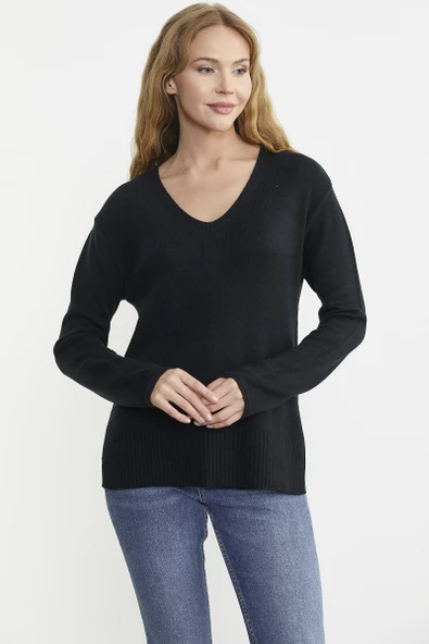 Salaş V Yaka Basic Triko Kazak - Siyah - 2