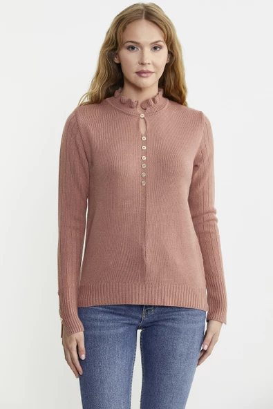 Metal Düğme Detaylı Triko Kazak - Gül ürün görseli 1