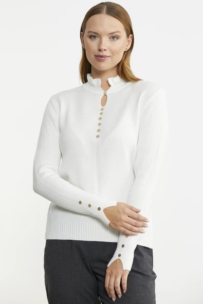 Metal Düğme Detaylı Triko Kazak - Kemik - 4