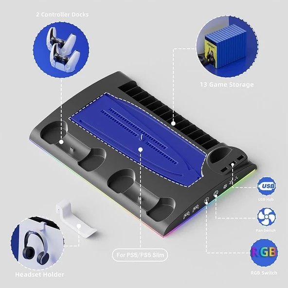 Hepu TP5-3570 PS5 Soğutucu Şarj Standı | DualSense Şarj RGB Işık 3 Fan Hızlı Dock İstasyonu - 6