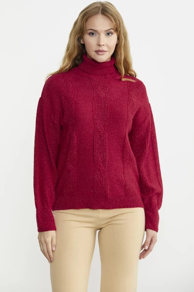 Tam Balıkçı Dökümlü Triko Kazak - Kırmızı ürün görseli 1