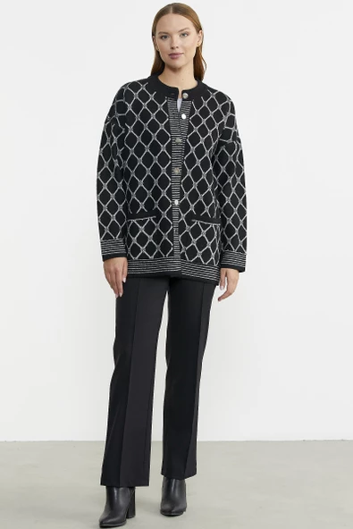 Baklava Desen Çift Renk Yünlü Triko Ceket - Siyah ürün görseli 1