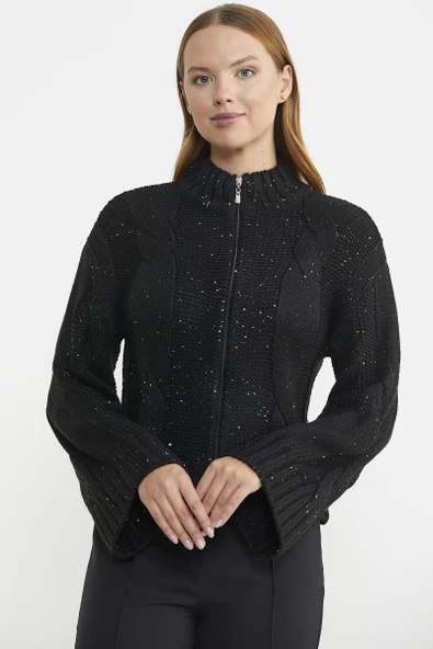 Dik Yaka Salaş Kol Yünlü Triko Hırka - Siyah