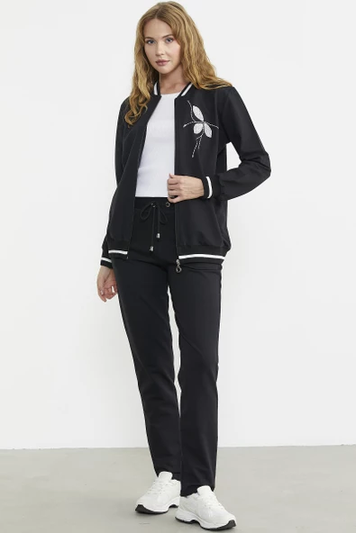 Fermuarlı Triko Kombinli Eşofman Takım - Siyah - Resim 3