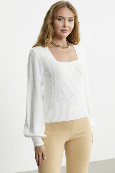 Kare Yaka Geniş Kol Triko Kazak - Kemik - Resim 2