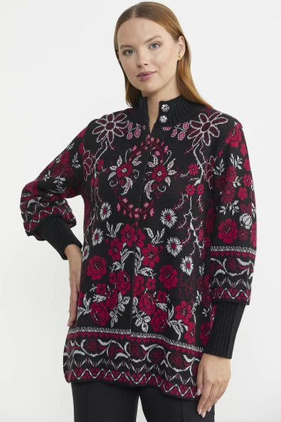 Çiçek Desenli Kalın Yün Triko Ceket - Siyah - 4