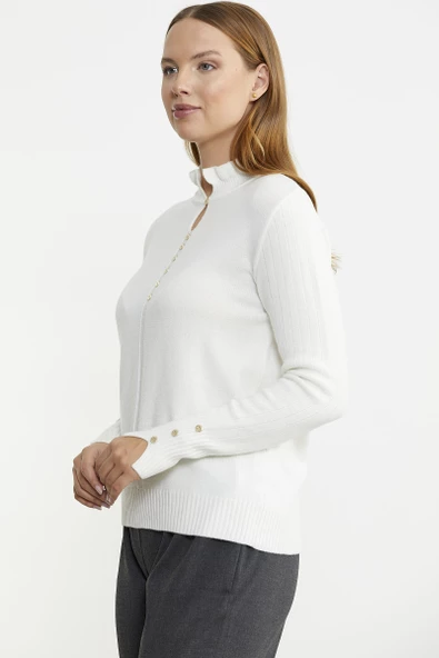 Metal Düğme Detaylı Triko Kazak - Kemik - 5