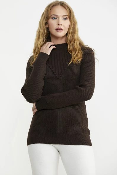 Dik Yaka Motifli Triko Kazak - Kahve - Resim 3