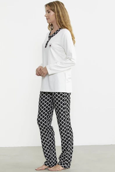 Kareli Çift Renk Pijama Takım - Ekru - Resim 3