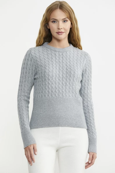 Saç Örgü Beli Oturmalı Triko Kazak - Gri - Resim 3