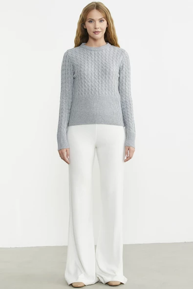 Saç Örgü Beli Oturmalı Triko Kazak - Gri - Resim 5