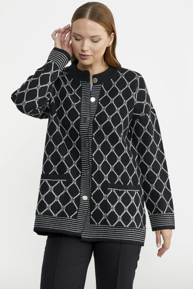 Baklava Desen Çift Renk Yünlü Triko Ceket - Siyah - Resim 4