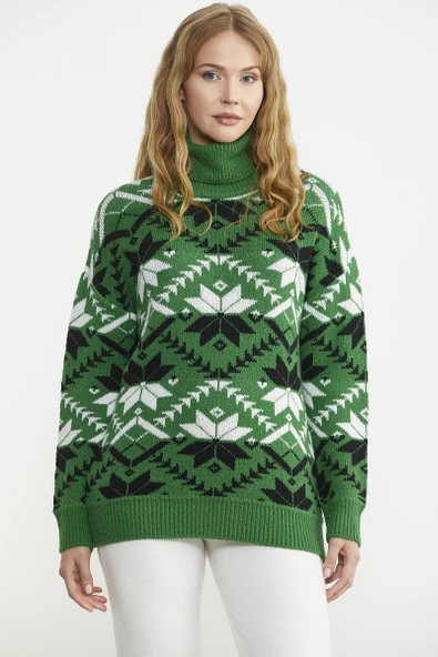 Tam Balıkçı Desenli Triko Kazak - Yeşil - Resim 2
