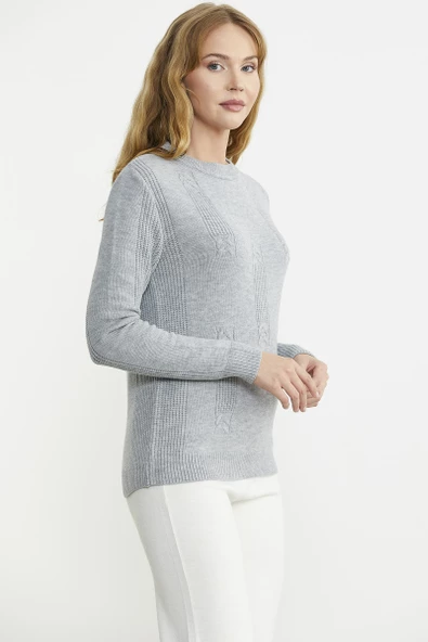 Sıfır Yaka Desenli Triko Kazak - Gri - Resim 5