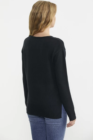 Salaş V Yaka Basic Triko Kazak - Siyah - 5