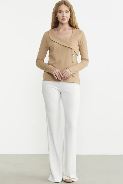 Yaka Detaylı Triko Kazak - Kamel ürün görseli 1