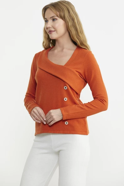 Yaka Detaylı Triko Kazak - Oranj - Resim 3