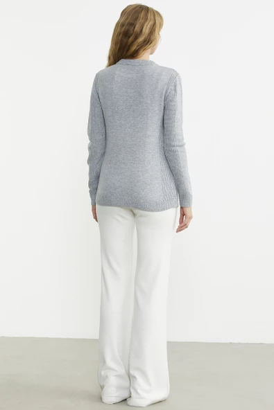 Sıfır Yaka Desenli Triko Kazak - Gri - Resim 6