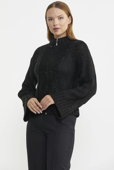 Dik Yaka Salaş Kol Yünlü Triko Hırka - Siyah - 3