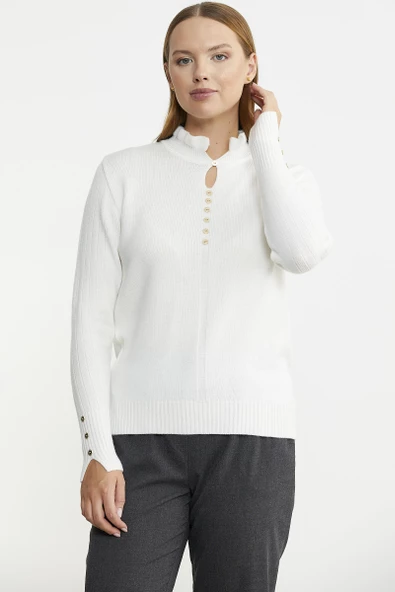 Metal Düğme Detaylı Triko Kazak - Kemik - 2