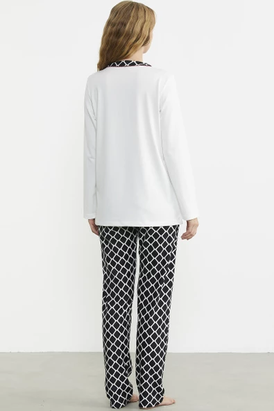 Kareli Çift Renk Pijama Takım - Ekru - Resim 6