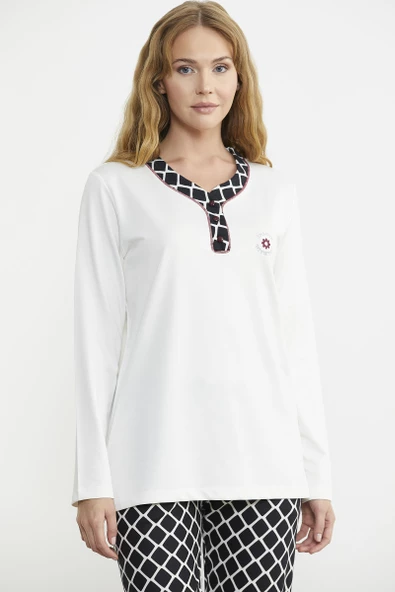 Kareli Çift Renk Pijama Takım - Ekru - Resim 4