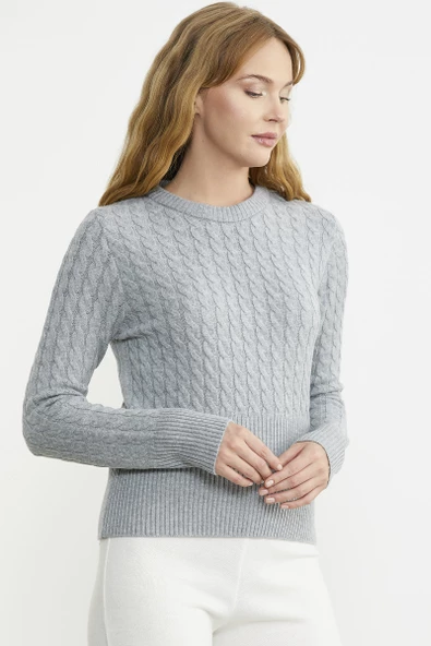 Saç Örgü Beli Oturmalı Triko Kazak - Gri - Resim 4