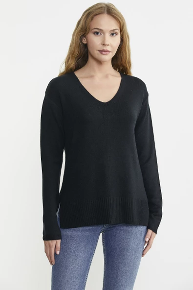 Salaş V Yaka Basic Triko Kazak - Siyah