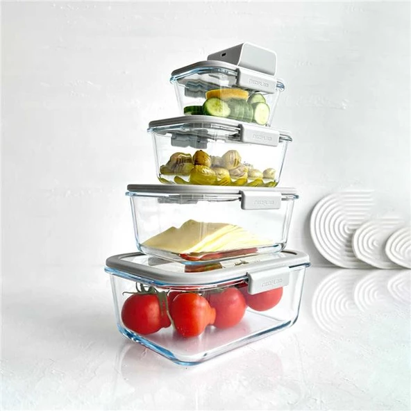 Neoflam Fika Glace Vakumlu Cam Saklama Kabı Seti Gri 5 Parça