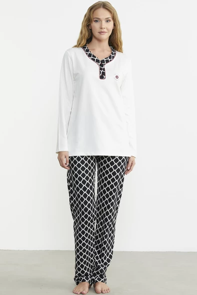 Kareli Çift Renk Pijama Takım - Ekru - Resim 2