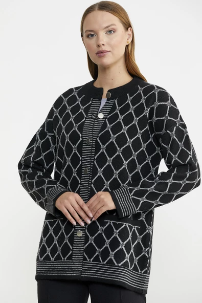 Baklava Desen Çift Renk Yünlü Triko Ceket - Siyah - Resim 2