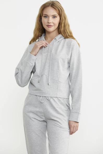 Kapüşonlu Dikiş Detaylı Eşofman Takım - Gri - Resim 4