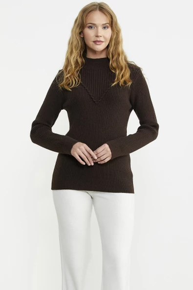 Dik Yaka Motifli Triko Kazak - Kahve - Resim 2