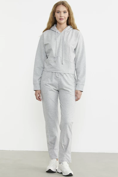 Kapüşonlu Dikiş Detaylı Eşofman Takım - Gri - Resim 2