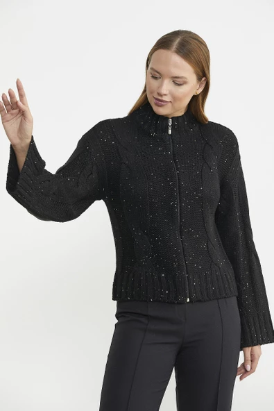 Dik Yaka Salaş Kol Yünlü Triko Hırka - Siyah - 2