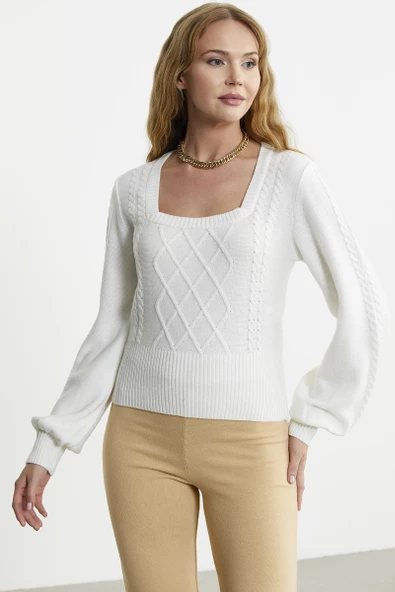 Kare Yaka Geniş Kol Triko Kazak - Kemik - Resim 4