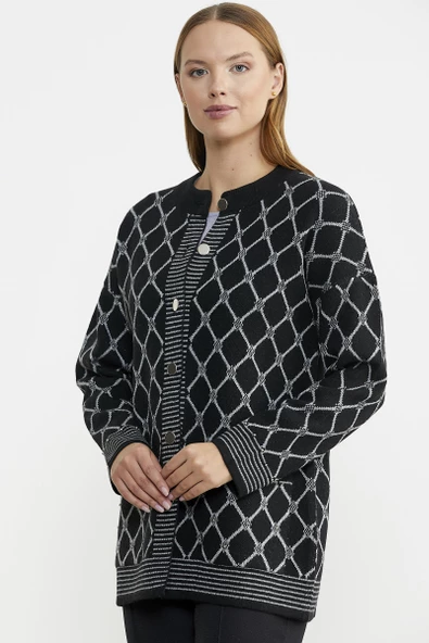 Baklava Desen Çift Renk Yünlü Triko Ceket - Siyah - Resim 3