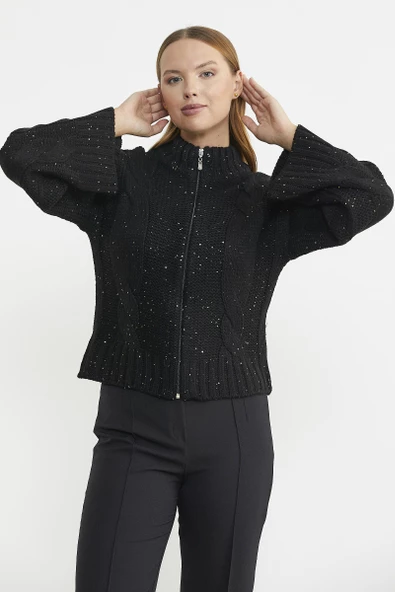 Dik Yaka Salaş Kol Yünlü Triko Hırka - Siyah - 4