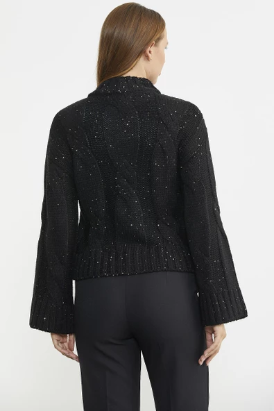 Dik Yaka Salaş Kol Yünlü Triko Hırka - Siyah - 6