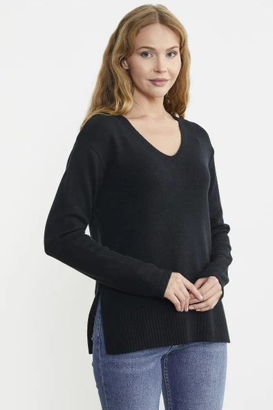 Salaş V Yaka Basic Triko Kazak - Siyah - 3