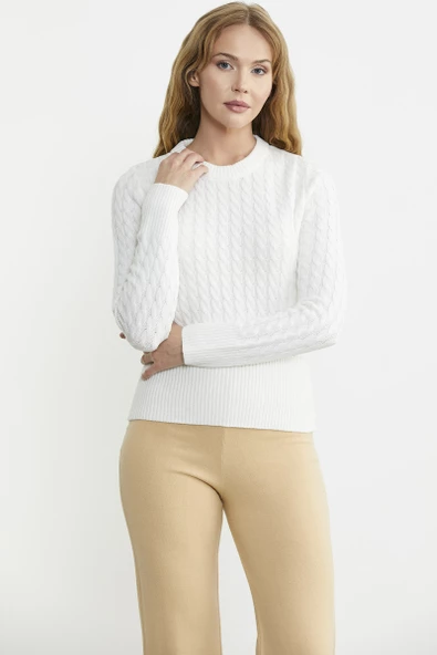 Saç Örgü Beli Oturmalı Triko Kazak - Kemik - Resim 2