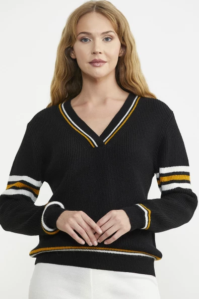 V Yaka Çizgi Kombinli Triko Kazak - Siyah ürün görseli 1