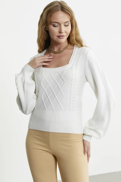 Kare Yaka Geniş Kol Triko Kazak - Kemik - Resim 3