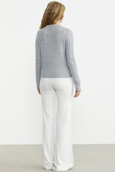 Saç Örgü Beli Oturmalı Triko Kazak - Gri - Resim 6