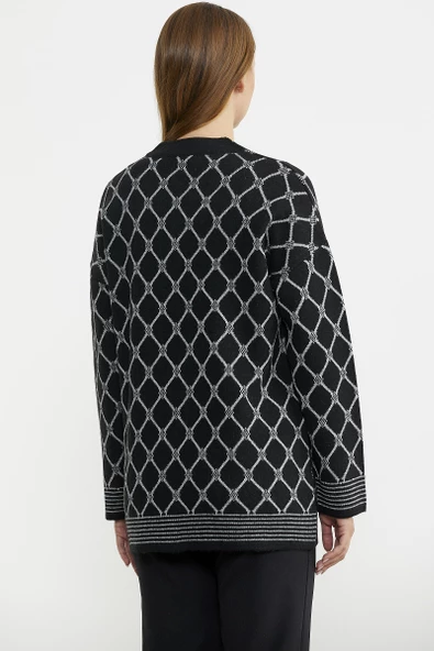Baklava Desen Çift Renk Yünlü Triko Ceket - Siyah - Resim 6