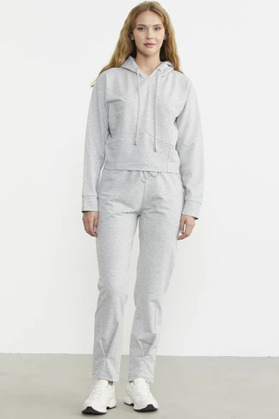 Kapüşonlu Dikiş Detaylı Eşofman Takım - Gri - Resim 3